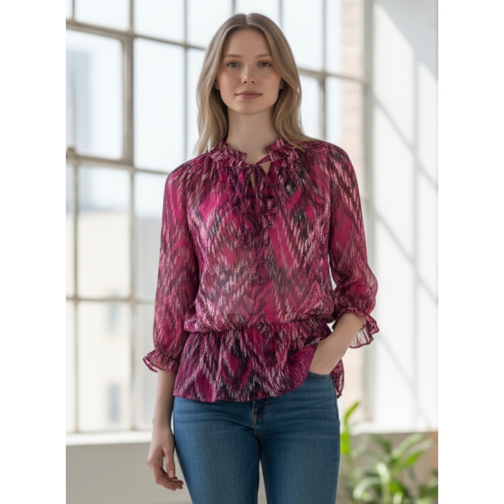 Banana Republic Blouse Top Small Pink Abstract Print Ruffle Neck Tie Sheer Boho